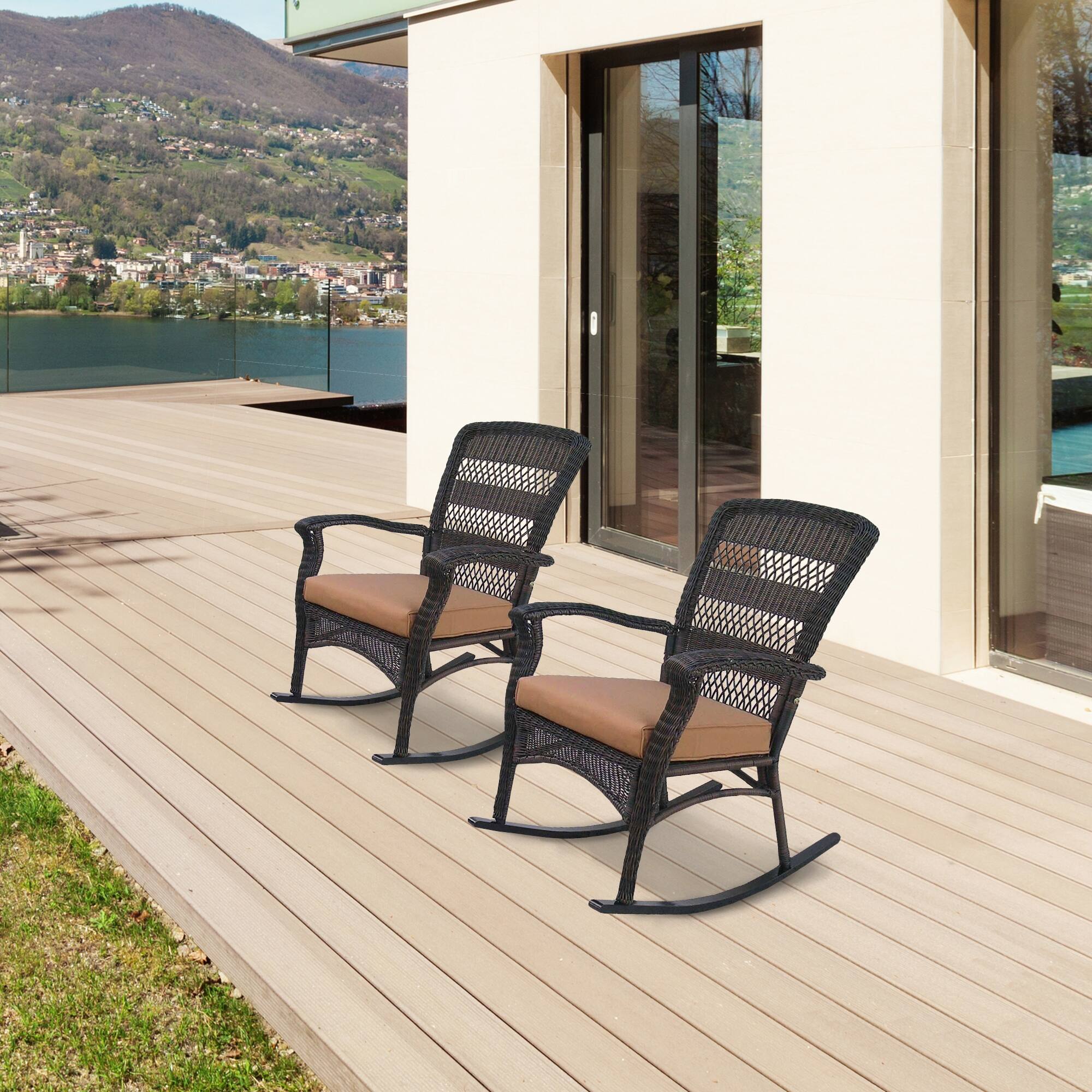 42" Dark Brown Resin Wicker Rocker Chair with Cushion Bed Bath